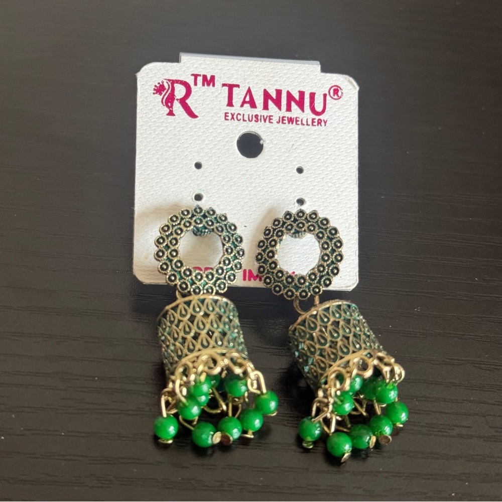 Ethnic Indian Wear Emerald and Gold Dangle Earrings